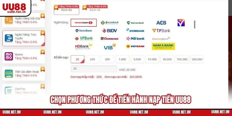 Chọn phương thức để tiến hành nạp tiền UU88